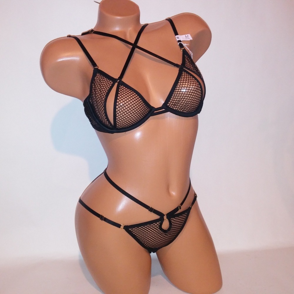 Victoria Secret Bra Set Small Low Cut Demi Medium Panty Black Mesh Very Sexy New